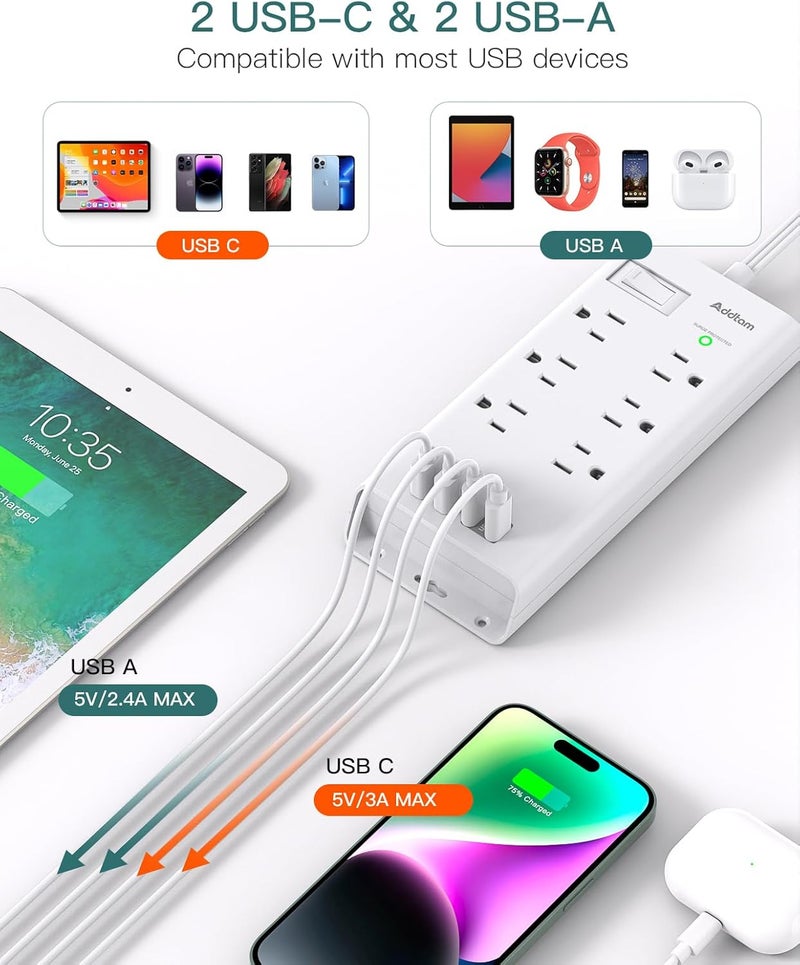 Addtam Surge Protector Power Strip, Flat Plug Extension Cord with 6 Outlet 4 USB Ports (2 USB C), 5FT Outlet Extender Strip for Home Office College Dorm Room Essentials - Image 4
